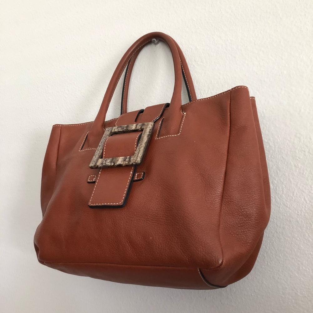 Adrienne Vittadini Camel Brown Leather Tote Bag - Picture 9 of 14